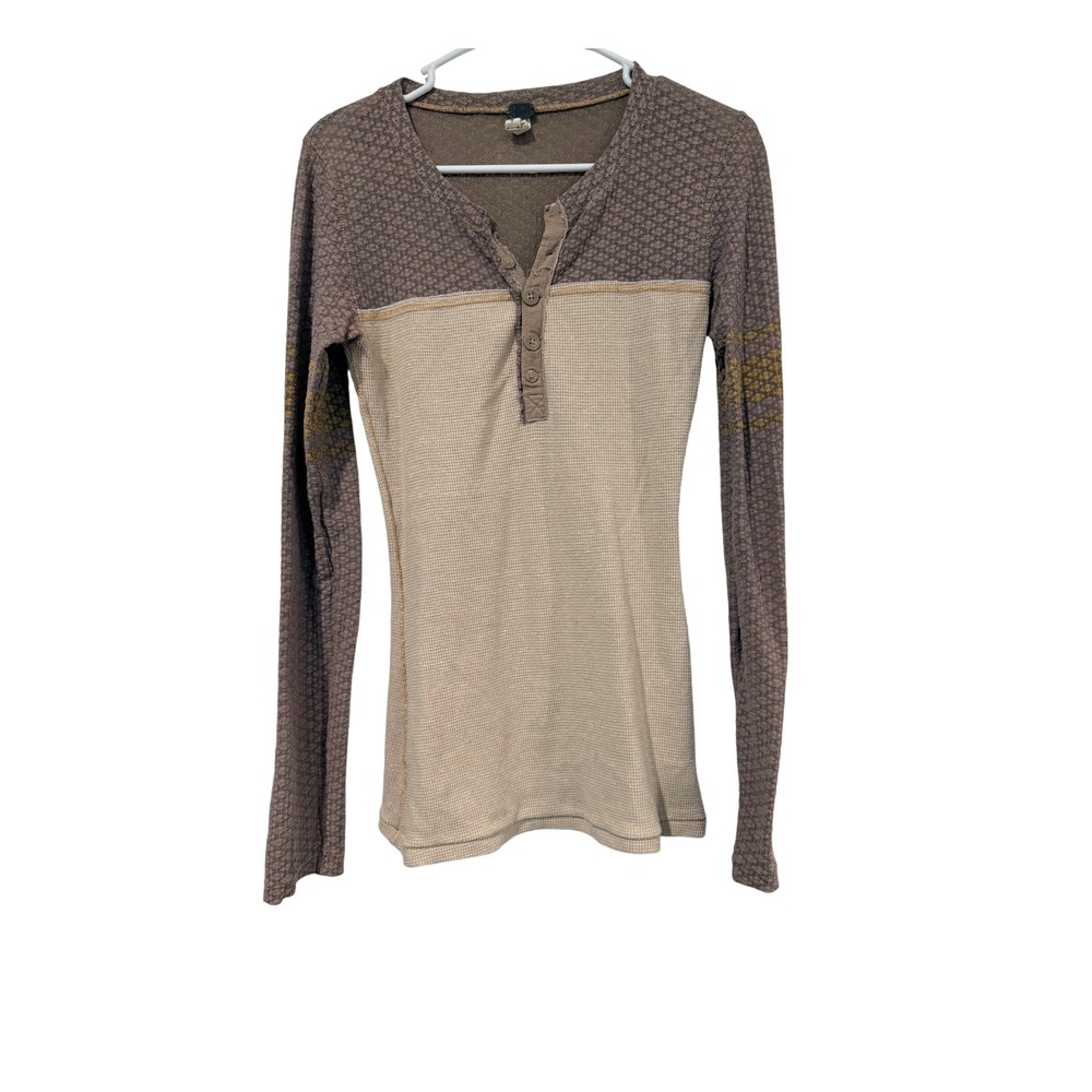 We The Free Free People Waffle Knit Henley Top Brown Tan Mixed Media Medium